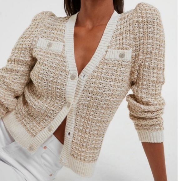 Express Sweaters - Express Puff Sleeve Novelty Sweater Jacket